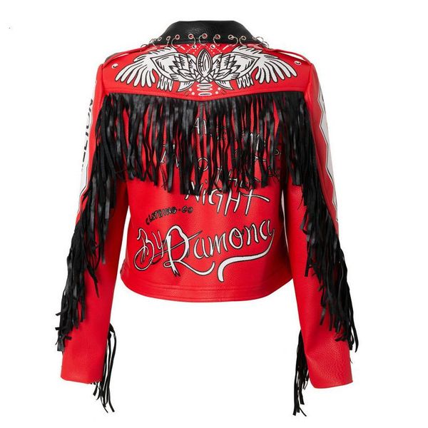 

women's leather & faux spring autumn tassel eyelet print short jackets pu coat chinese style lapel motorcycle jacket women coats, Black