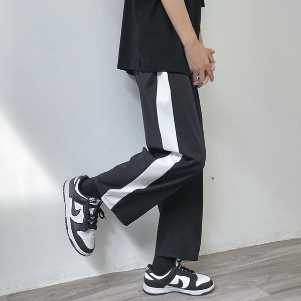 

men's pants summer thin cotton casual fashion contrast color wide-leg men streetwear breathable loose ice silk mens, Black