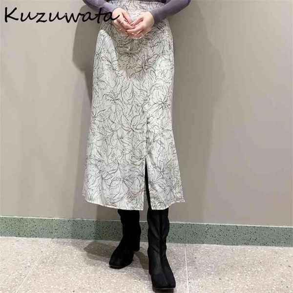 

kuzuwata high waist hip a line skirt women vintage print spring summer outwear jupe femme split design faldas mujer 210629, Black