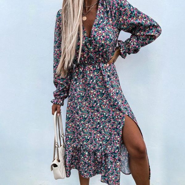 

casual dresses summer v neck long floral dress for women 2021 slim sleeve split print female boho elegant maxi party vestidos, Black;gray