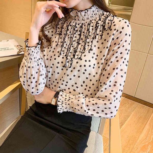 

korean women chiffon shirts woman polka dot blouses long sleeve plus size ruffles shirt xxl 210427, White