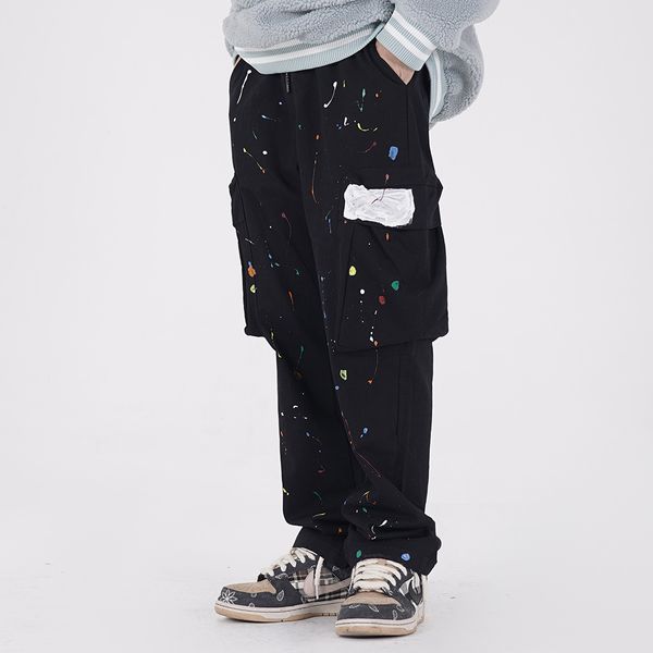 

pants fashionable the ink splashing printing multi pocket overalls men's brand elastic waist loose straight trend, Black