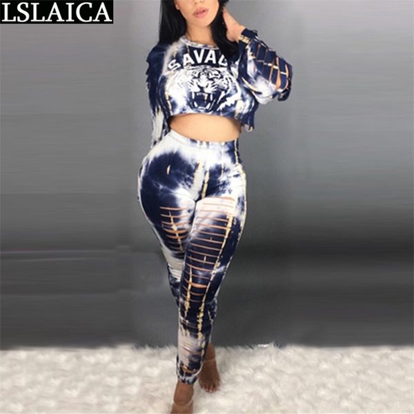 

2 piece outfits for women pants and long sleeve crop tiger print plus size two sets hole fashion camouflage tracksuit 210515, White