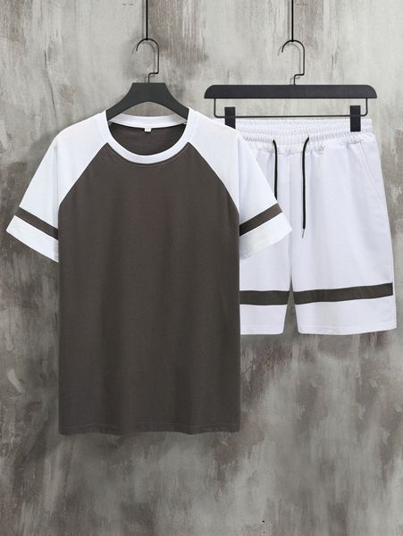

men color block raglan sleeve tee & drawstring shorts t6ru#, Gray