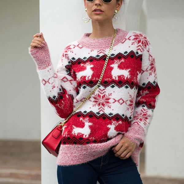 

women's sweaters knitted sweater womens christmas snowflake fawn pullover long sleeve plush warm sweat capuche femme xmas sueter, White;black