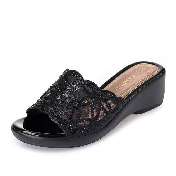 

slippers women wedge crystal open toe elegent platform mid heels shoes female outside soft ladies fashion glitter slides summer, Black