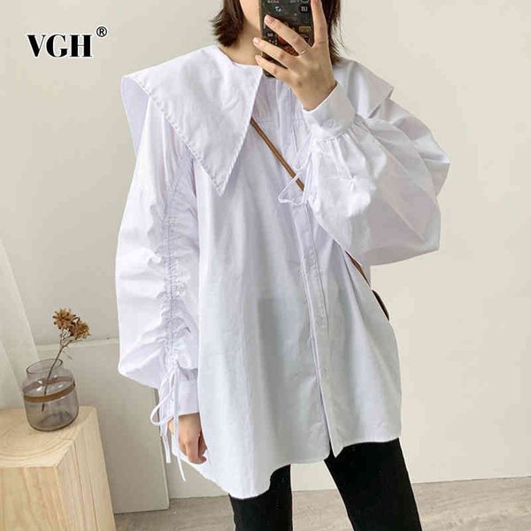 

vgh black  shirt for women lapel long sleeve casual drawstring loose solid blouse female fashion new clothing spring 210421, White