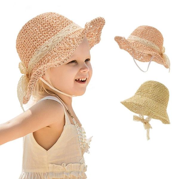 

baby bow straw hat infant wide brimmed sunhat princess summer beach bonnet cap caps & hats, Yellow