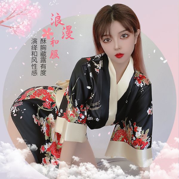 

underwear print guiruo cardigan kimono bandage waist role play uniform set 207, White;black