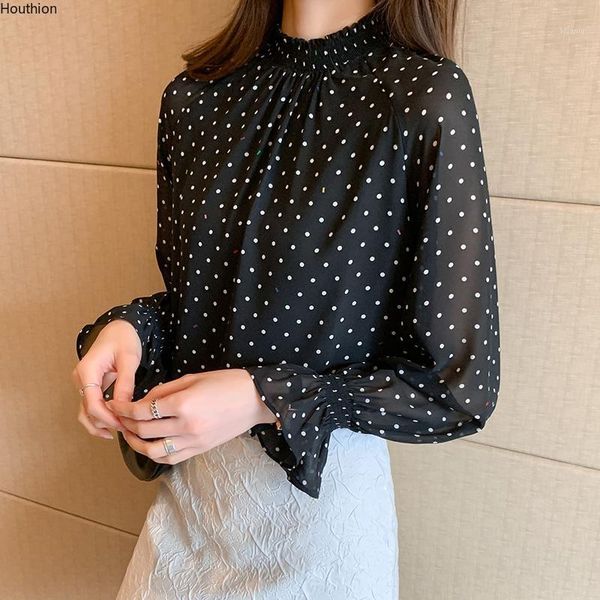 

women's blouses & shirts houthion silk long-sleeved fashion casual shirt korean style polka dot printed blouse flare sleeve, White
