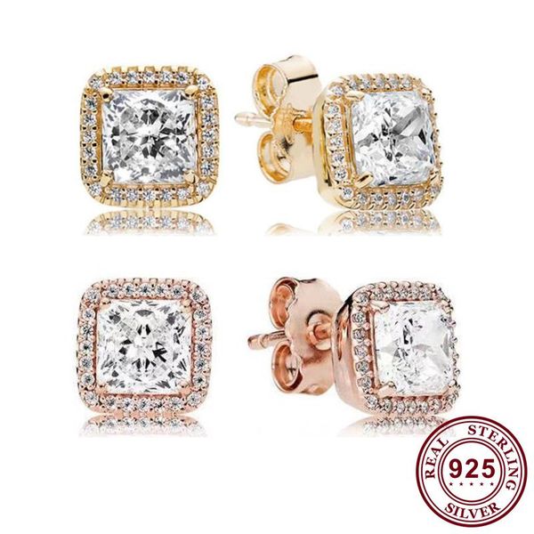

original 925 sterling silver pan earring shiny rose gold square with crystal earrings for women wedding gift fashion jewelry stud, Golden;silver