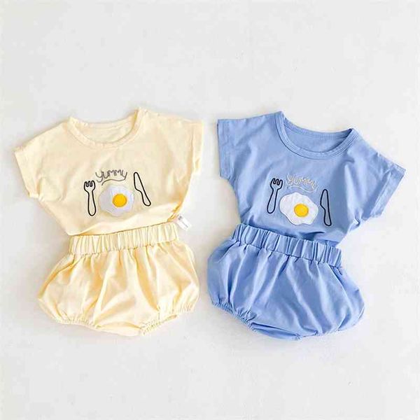 

summer cute cool fried egg print suit cotton girl baby short sleeve bread shorts two piece set 210417, White