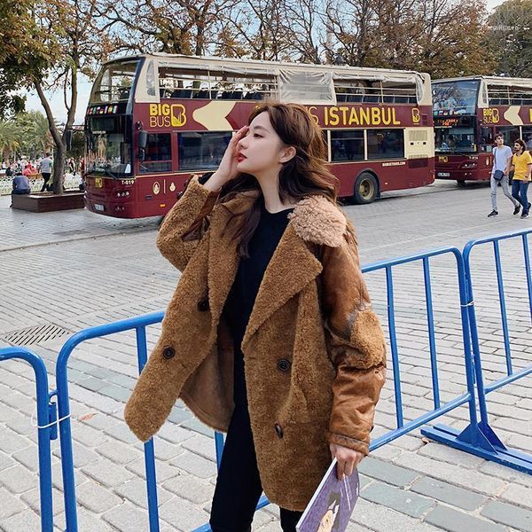 

women's fur & faux solid lamb coats winter women mid-length horn button turn-down collar wide-waisted fashion jacket 20211, Black