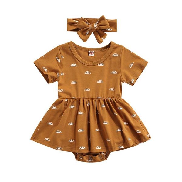 

rompers 2pcs baby girls bodysuits girl sun print o-neck short sleeve bodysuit skirt + hairband summer sunsuit toddler 0-24 months, Blue