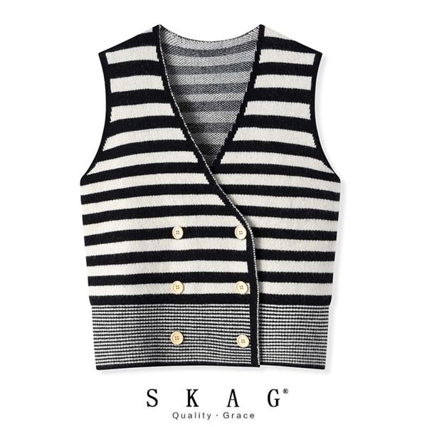 

v-neck striped knitted cardigan vest for women in autumn winter, White