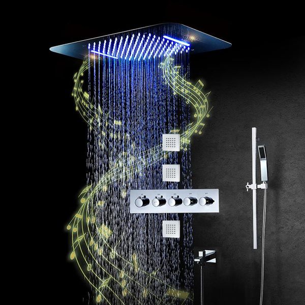 

music led shower system spa rainfall set thermostatic faucets mixer bathroom ceiling head stainless steel chrome sets