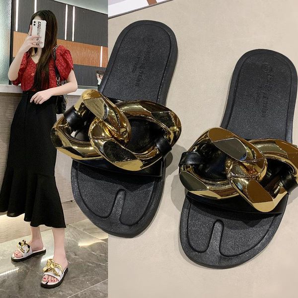 

slippers women's 2021 summer flat metal chain fashion european and american sandals casual daily beach shoes 35, Black