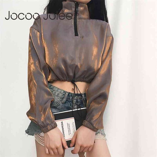 

women glitter hip hop jackets autumn long sleeve zipper stand neck drawstring short coat fashion cropped 210416, White