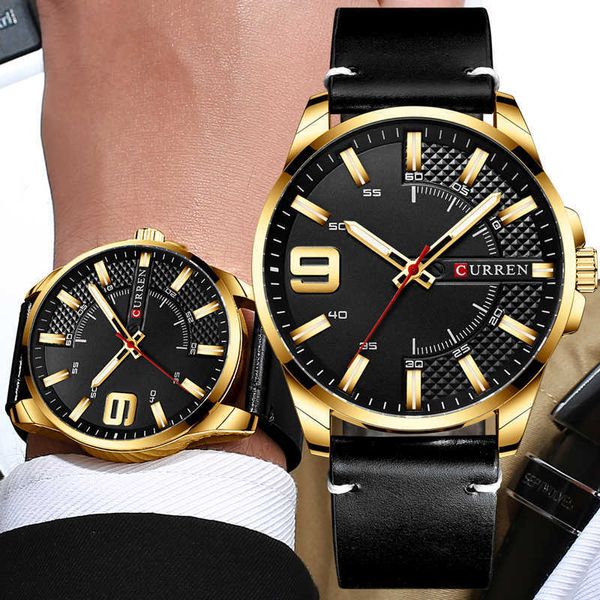 Curren Натуральные кожи мужские часы бренда роскошный бизнес минималистские часы мужские водонепроницаемые золотые наручные часы Relogio Masculino 210527