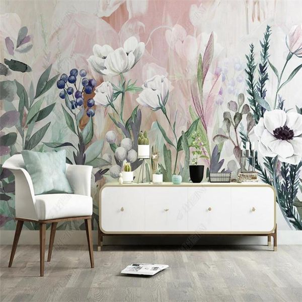 Duvar Kağıtları Özel Boyutu El-Boya Nordic Bitkiler Çiçekler 3D Po Duvar Kağıdı Pastoral Ev Dekorasyonu Duvar Yatak Odası Kendinden Yapışkanlı Duvar Kağıdı