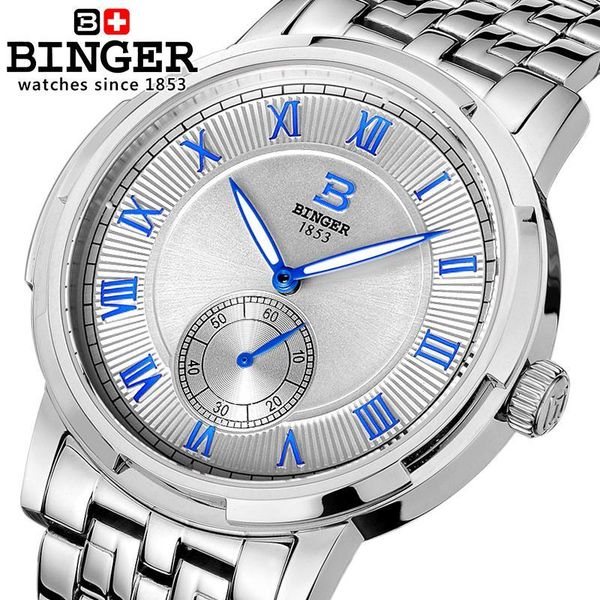 

switzerland watches men luxury brand binger glow mechanical leather band water resistant watch b-5037-2, Slivery;brown