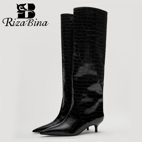

boots rizabina women knee high real leather 2022 winter heels shoes woman's party office lady footwear size 35-42, Black