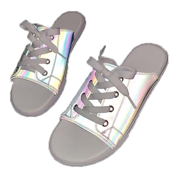 

slippers summer beautiful cool drag round head rhinestone flat non-slip wear reflective ladies student leisure sandals women 35-44, Black