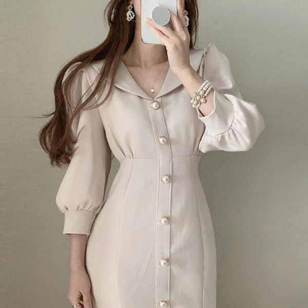 

[ewq] 2021 spring female loose casual tuen down collar solid color single breasted long sleeve minimalist trumpet dress 8q684 dresses, Black;gray