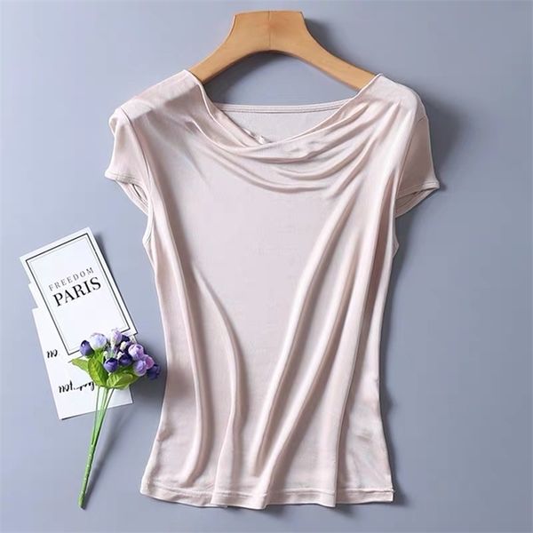 Damen-T-Shirts mit drapiertem Ausschnitt aus 50 % Seide und 50 % Viskose-Strick, Top, 8 Farben, M-2XL, SJ305 210401