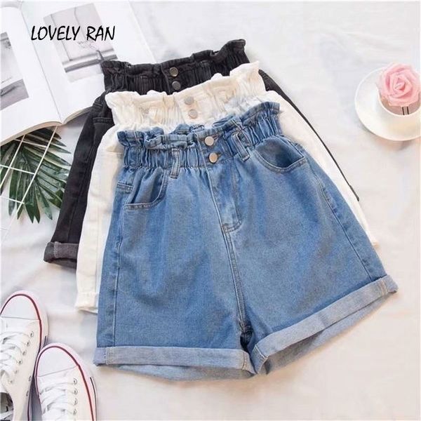 

plus size high waist women's denim shorts elastic ruffle girls jeans short summer solid pockets sweet lady female bottoms 210408, White;black