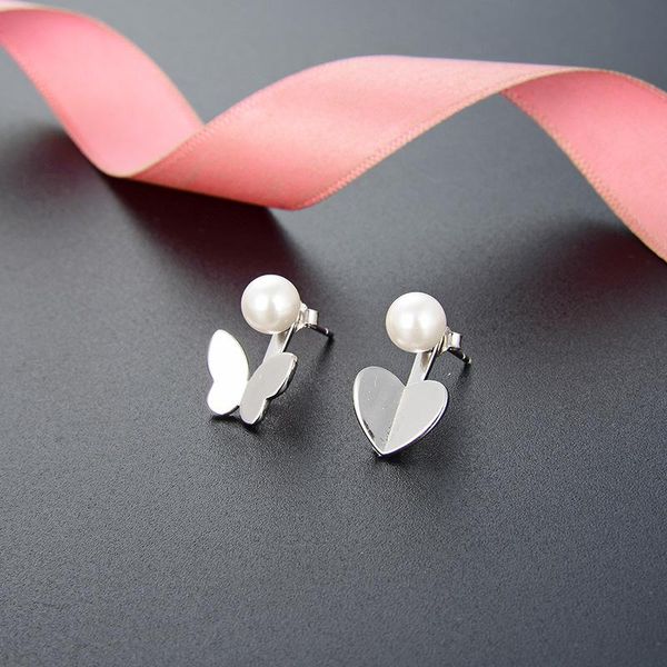 

stud s925 sterling silver pearl earrings fashion simple and fresh style butterfly shape cartoon student sweet jewelry, Golden;silver