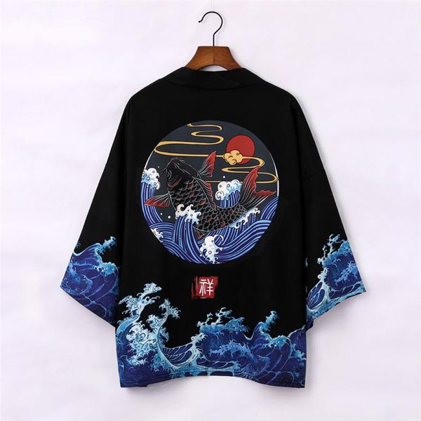

ethnic clothing japanese men haori kimono harajuku style robe cardigan cloak coat ukiyo-e vintage wave print three quather sleeves loose out, Red