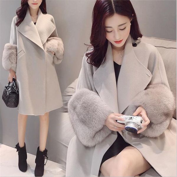 

women's wool & blends autumn winter coat women fashional fur sleeve cashmere mandarin collar covered button long coats for female slim, Black