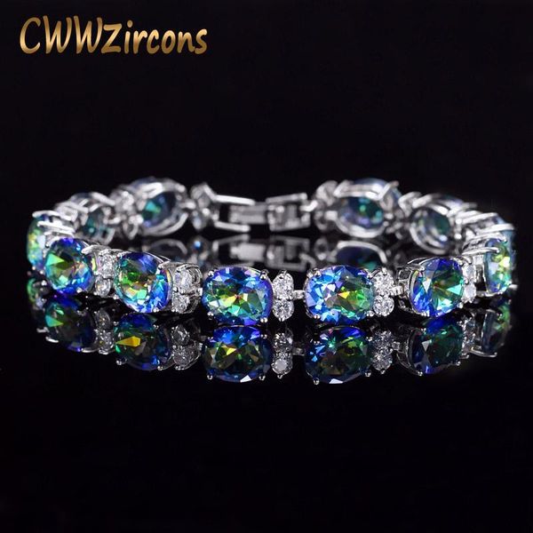 

cwwzircons brand beautiful round oval mystical blue rainbow color big crystal stone bracelet jewelry gift for women cb030 link, chain, Black