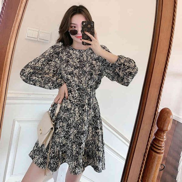 

casual dresses hebe&eos autumn long sleeve vintage for women elegant o-neck a-line korean fashion chiffon print dress vestidos p72w, Black;gray
