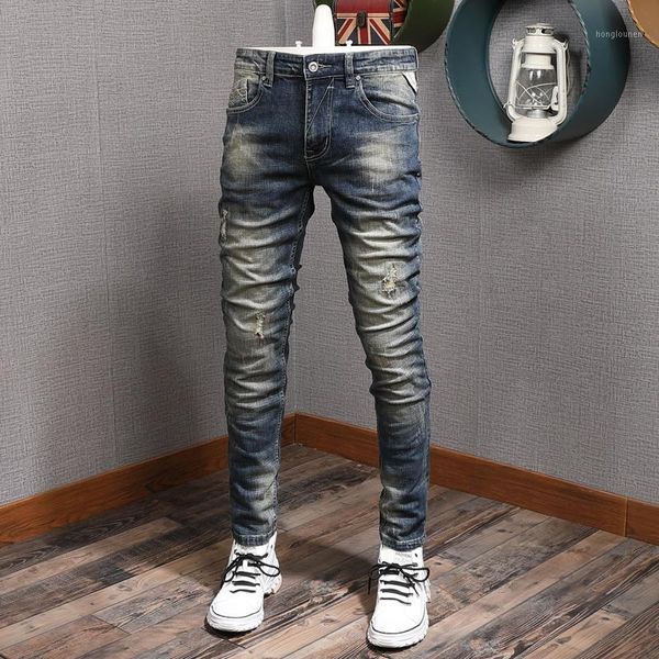 

men's jeans classic vintage distressed ripped men cotton slim fit retro blue denim pants