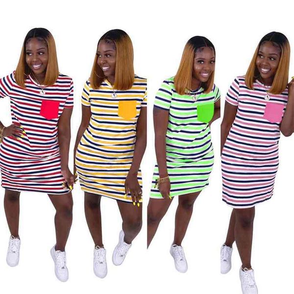 

women dress loose casual female short sleeve round neck striped print mini elegant ladies summer clothing 210522, Black;gray