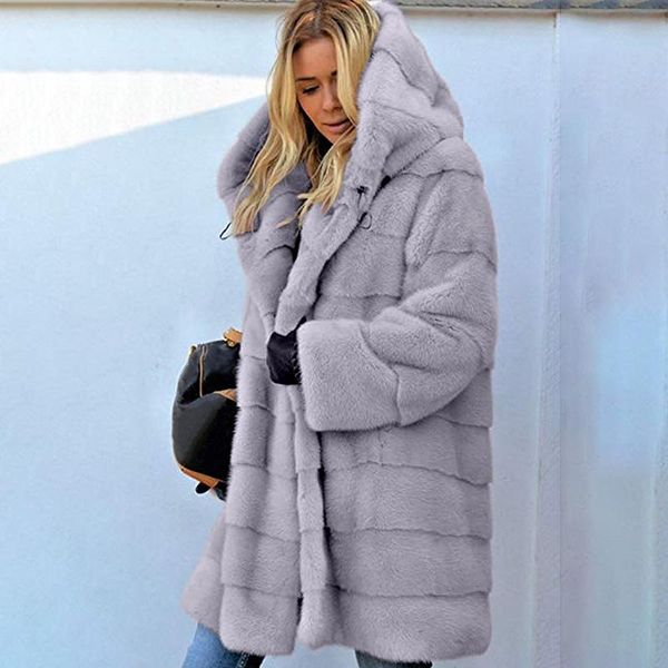 

women's fur & faux hooded long coat warm autumn winter women sleeve pockets velvet plus size outwear ladies elegant overcoat, Black