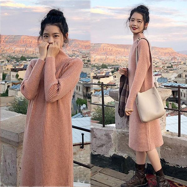 

casual dresses autumn winter long turtleneck sweater dress women warm thicken knitted female sleeve bottoming vestidos, Black;gray