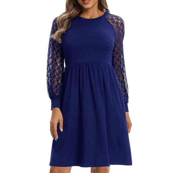 

spring autumn midi dress for women 2021 solid round neck dress ladies hollow out long sleeve party dresses vestidos y1204, Black;gray