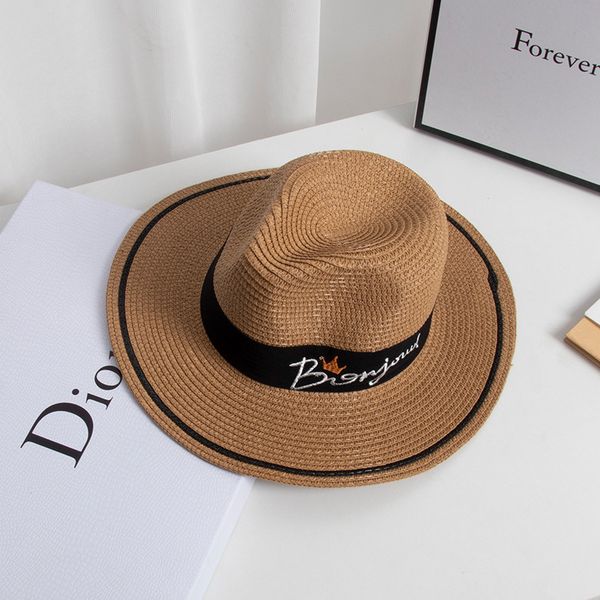 

new net red same summer men's women's woven wide flat brim sun shading and sunscreen holiday beach sun straw hat, Yellow