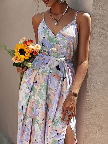 

simplee floral print slit thigh overlap collar belted jumpsuit x189#, White
