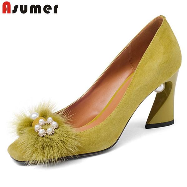 

dress shoes asumer 2021 suede leather women pumps pearl spring summer single fashion high heel party wedding ladies, Black