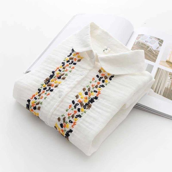 

women's blouses & shirts spring autumn preppy style women peter pan collar loose white 100% cotton vintage embroider rz6m