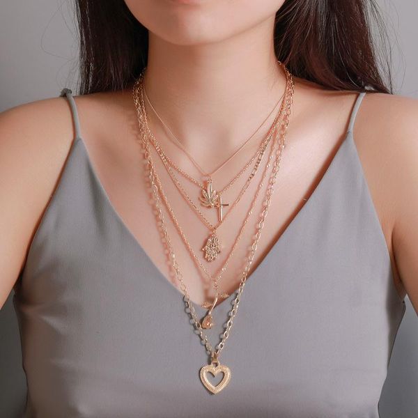 

pendant necklaces personality creative multilayer rose flower hollow heart cross necklace women fashion gold long sweater chain, Silver
