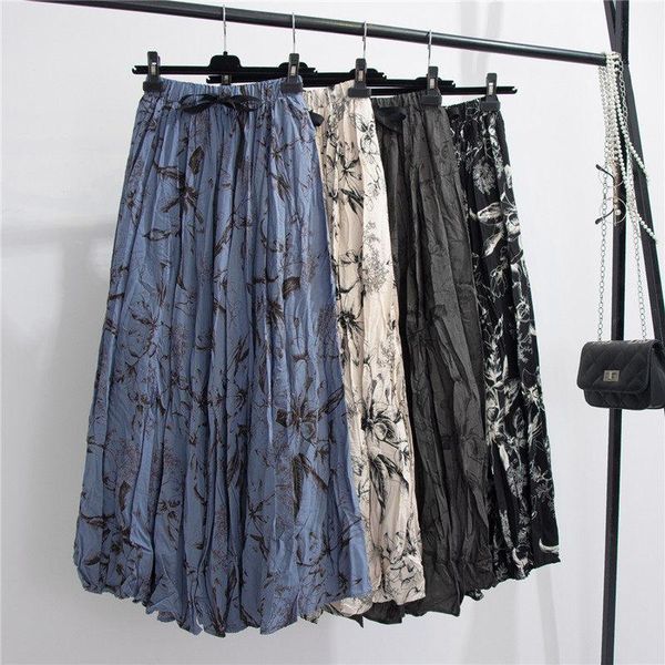 

drape pressure pleated ink print skirt spring elastic high waist a-line long retro floral jupe femme saias midi 2021 zh394 skirts, Black