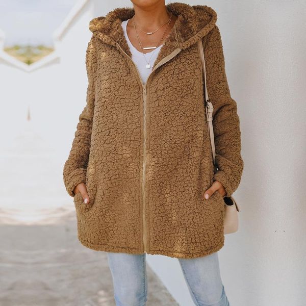 

women's fur & faux 2021 women winter lamb wool jacket plush outwear solid color casual hooded oversized female zipper coat, Black