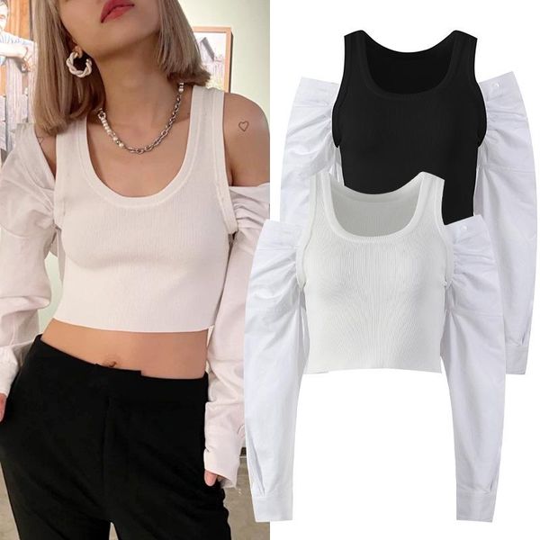 

women's blouses & shirts 2021 autumn women fake 2 pieces long sleeve knit crop fashion streetwear casual blousas japanese korean ins, White