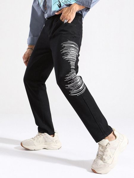 

men graphic embroidery tapered jeans u1fi#, Blue
