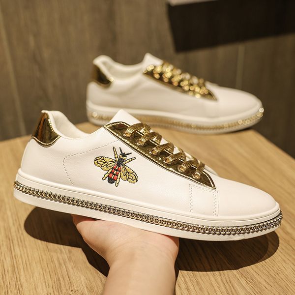 

fashion luxury flat men bee sneakers gold embroidered bee shoes men comfortable soft white mens casual sneakers chaussures homme